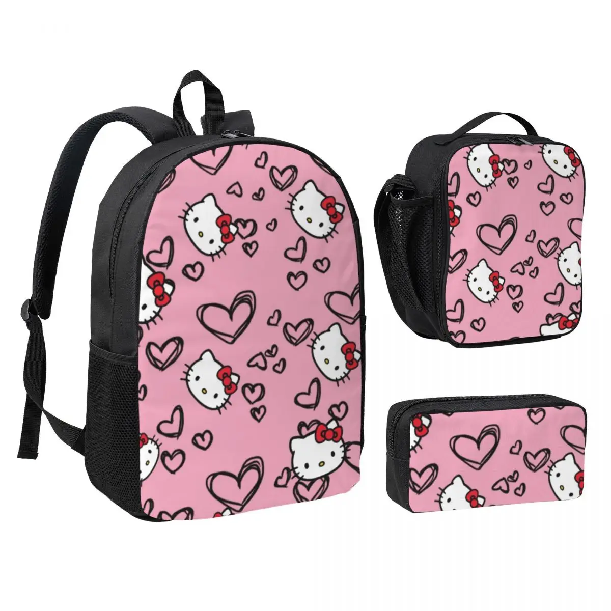 Hello Kitty 17-Inch Backpack, Lunch Bag, and Pencil Case Set Durable and Stylish 3-in-1 Combo for School and Travel