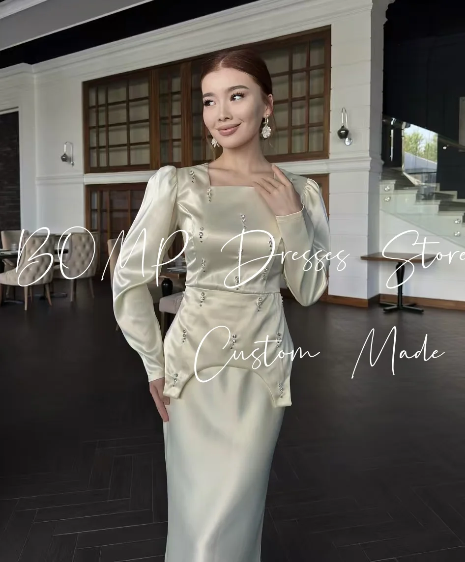 BOMP สง่างามลูกปัดชุดราตรีคอสี่เหลี่ยมแขนยาวนางเงือกความยาวซาตินงานแต่งงานชุดที่กำหนดเองคลาสสิก