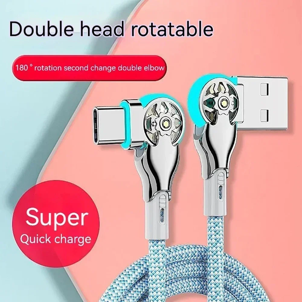 180 Degree Elbow Rotation Fast Charging Cable USB A to Type C Cable with Light Zinc Alloy Braided Data Cable USB Micro Charger