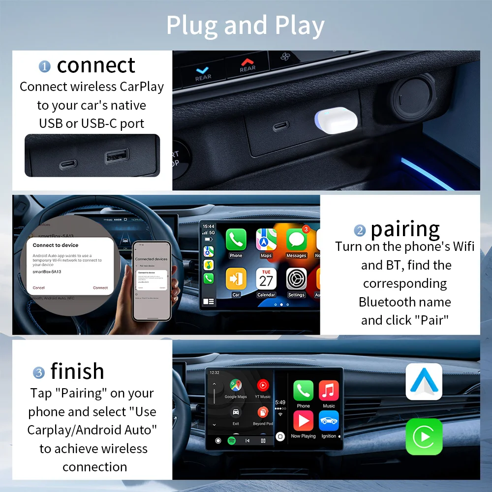 Adaptador inalámbrico CarPlay Android Auto Mini caja inteligente Plug And Play WiFi conexión rápida Universal BT5.0 Siri 2 en 1 GPS