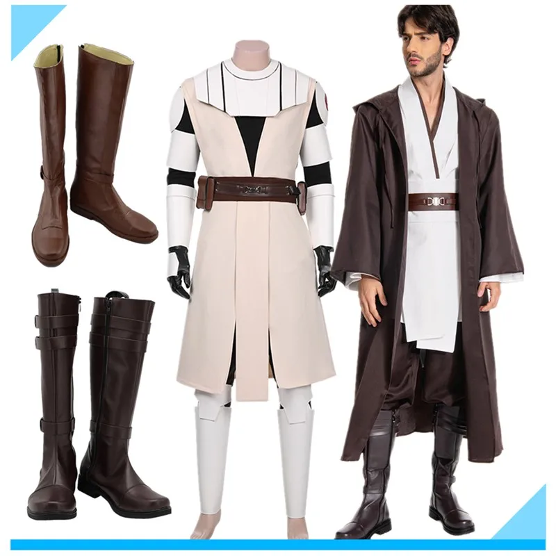 TV Jedi Cosplay Obi Wan Costume Men Medieval Knight Retro Robe Coat Shoes Boots Uniform Outfits Halloween Carnival Party Suit