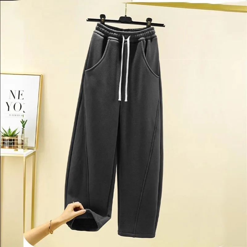 Warm Winter Straight Pants Women's Plush Fleecing Thermal Wide Leg Silhouette Trousers Corduroy Baggy Black Trousers Clothing