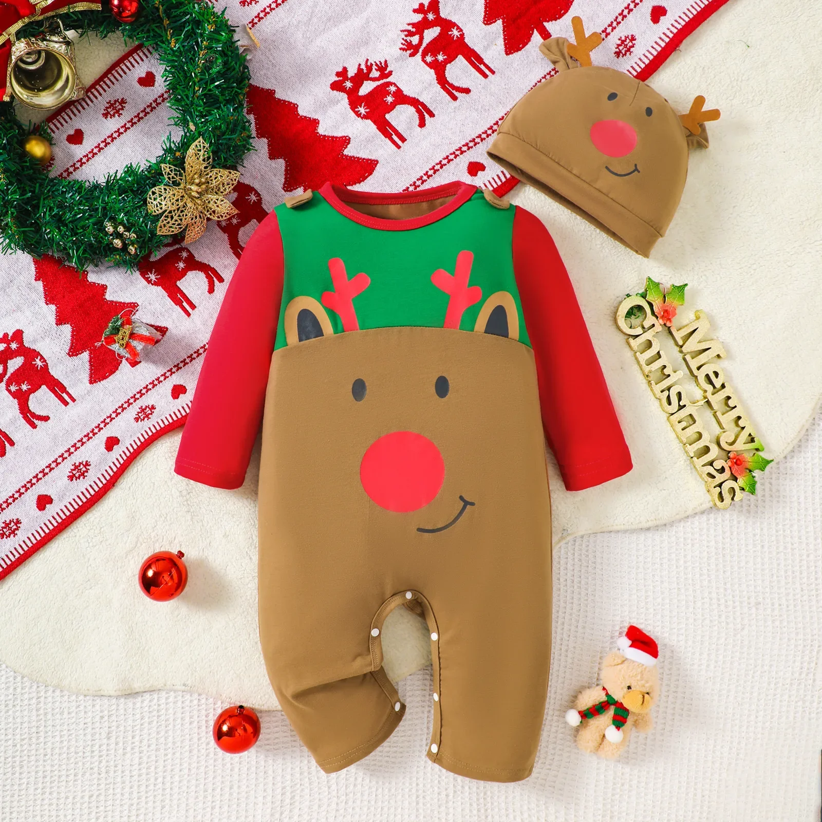 

MILANCEL 0-18M Baby Clothes Christmas Rompers Cute Deer Jumpsuit Long Sleeve One Piece With Hat