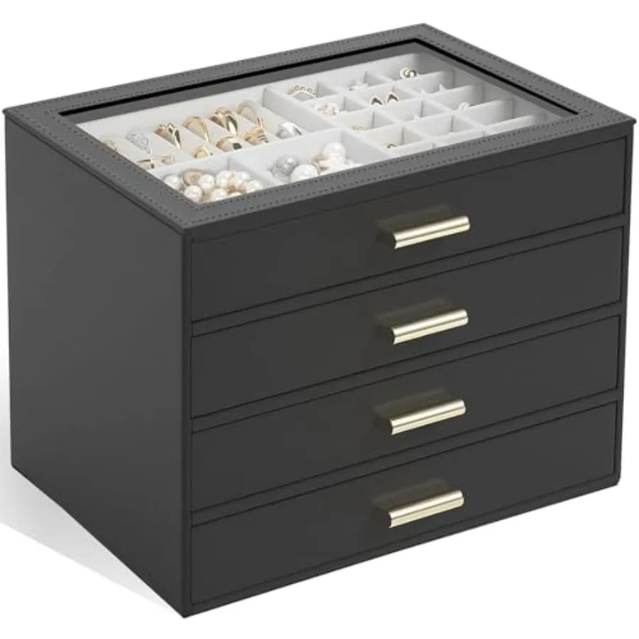 

Jewelry Box with Clear Lid Functional Leather Jewelry Storage Organizer Case 4 Drawers for Women Girls Necklace Ring Bracelet E