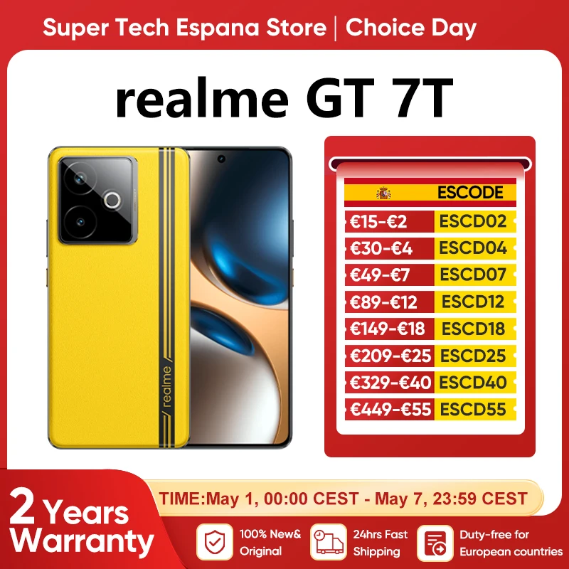 Nuevo Smartphone Realme Gt 7T 5G 50Mp Imx896 Ois Cámara Dimensity 8400-Max Chipset 6,78 Pulgadas Amoled 120Hz 7000Mah 120W Carga — -34%, 182.55€ Coupon, from 354.37€ – 34% descuento – €354.37