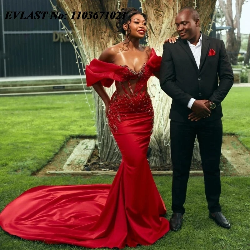 EVLAST Customized Red Mermaid Prom Dress Aso Ebi African Wedding Party Gowns Beading Off Shoulder Formal Occasion Dress P163