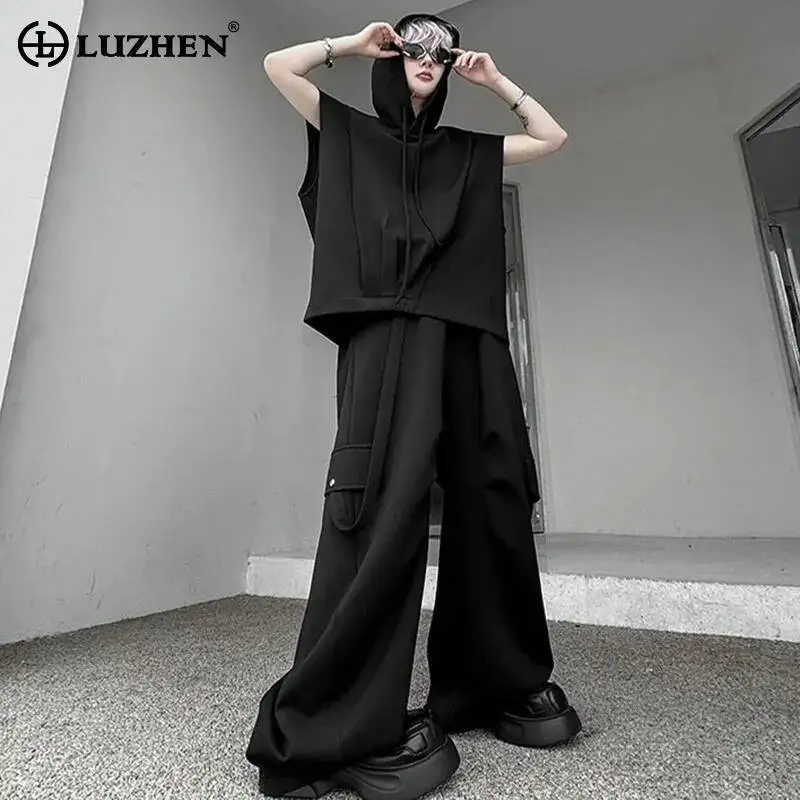 

LUZHEN Trendy Solid 2025 Color Street New Two-piece Sets Loose Straight Casual Pants Men Sleeveless Hoodies Tops Clothes JY7343