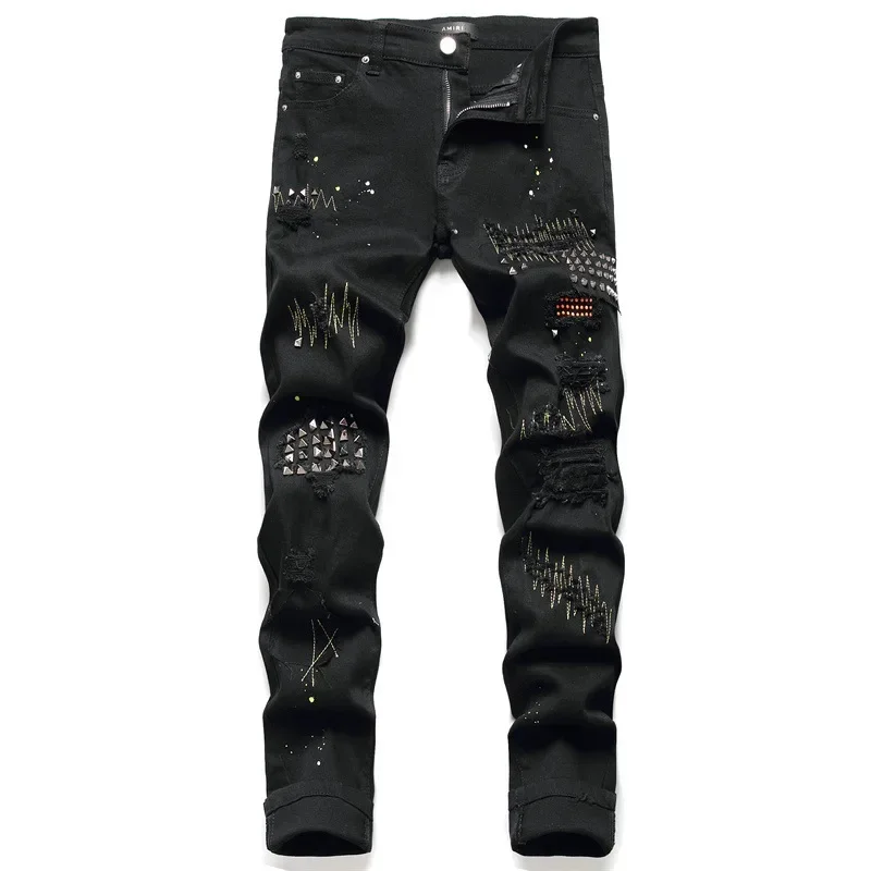 

Men Long Jeans Pencil Pants Rivet Denim Pant Straight Trousers Zipper High Waist Slim Fit Simple Splice Casual Autumn Winter