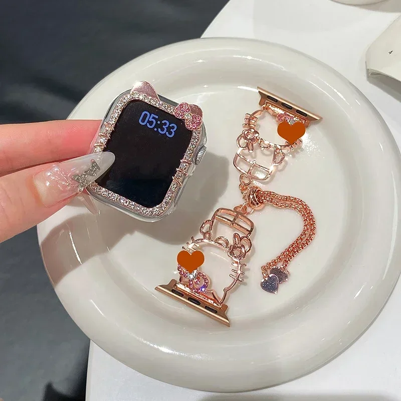 Ladies Diamond Strap for Apple Watch Band 49mm 42mm 40mm 44 45 46 Cute Cat Metal Link Bracelet for IWatch S10 9 8 7 SE with Case