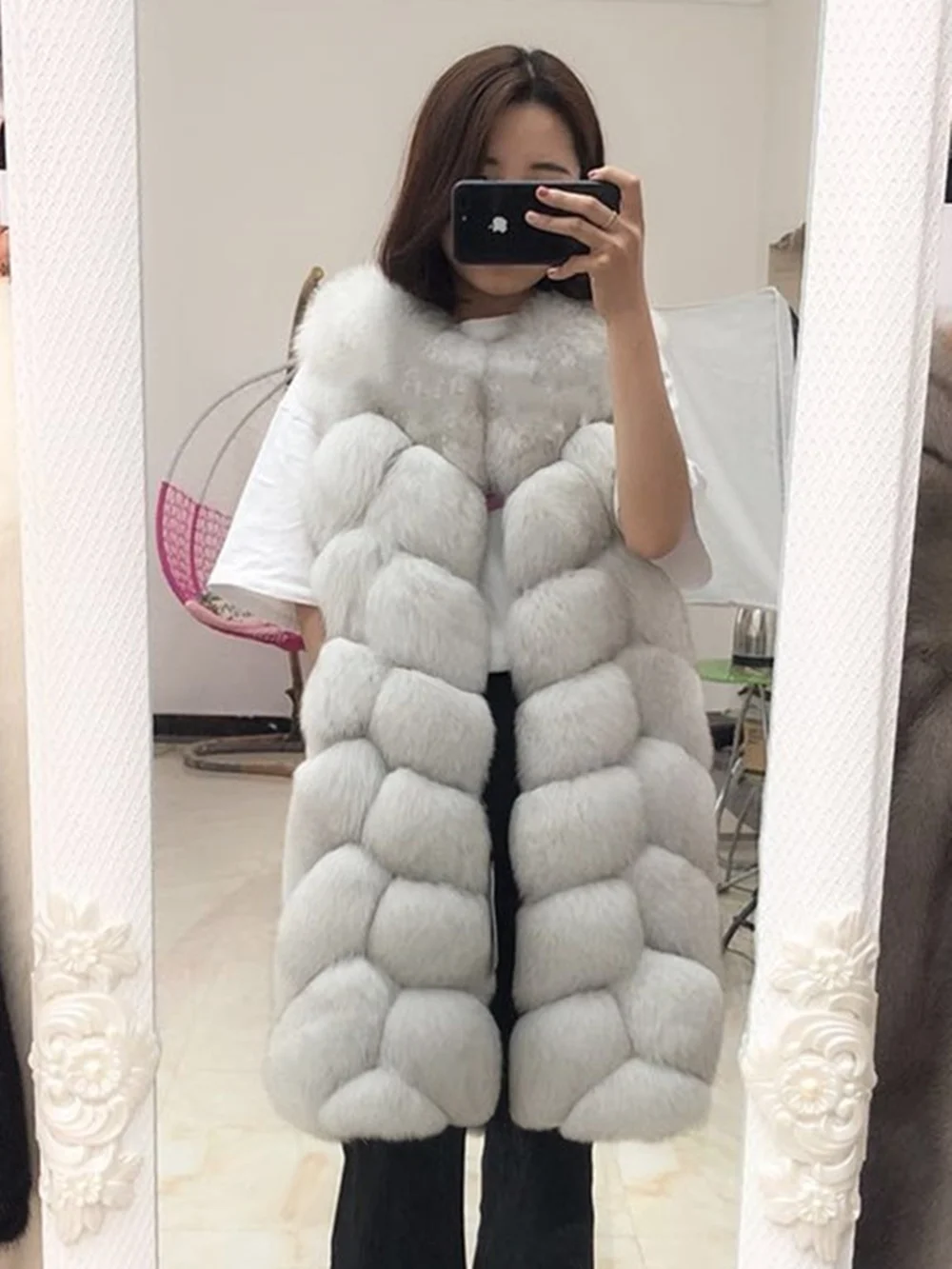 Real Fox Fur Vest for Women, Luxury Natural Blue Vests, Genuine Long Plush Jacket, Sleeveless for Girls