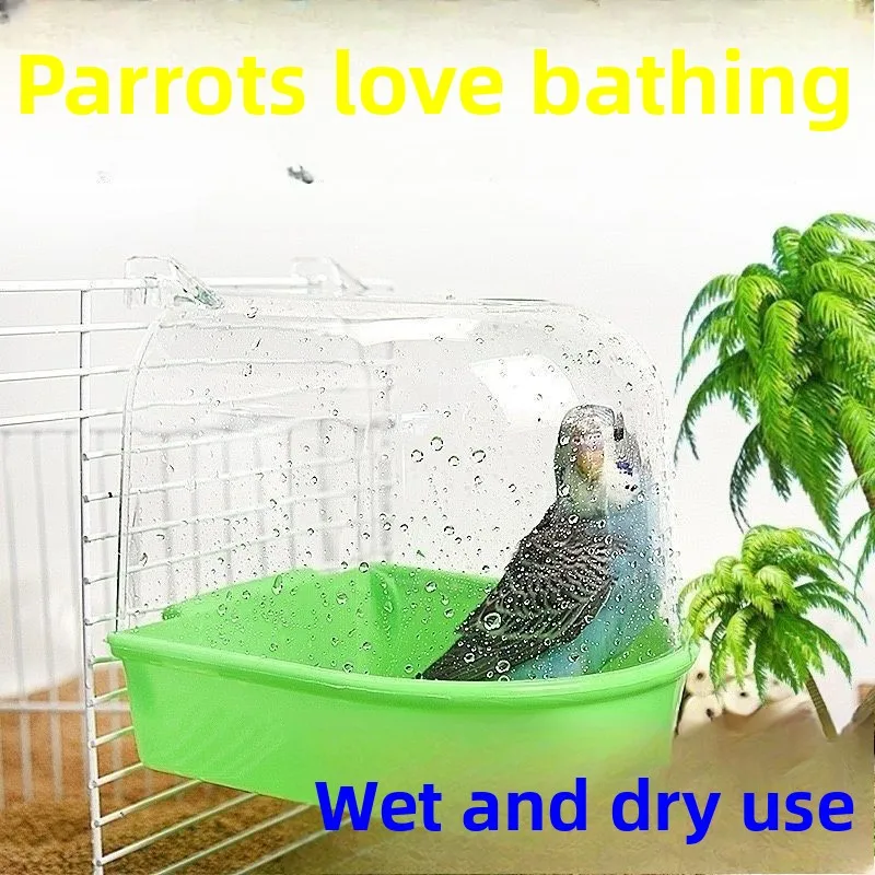 Baño para Pájaros Semicircular Colgante, Jaula con Bañera de 14×14×15cm, Caja de Ducha de Plástico para Periquitos, Canarios y Loros, Accesorios para Aves