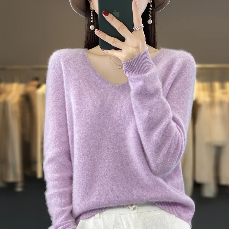 100% wool cashmere sweater women\'s V-neck pullover casual knit top autumn and winter new fashion loose Korean women\'s coat