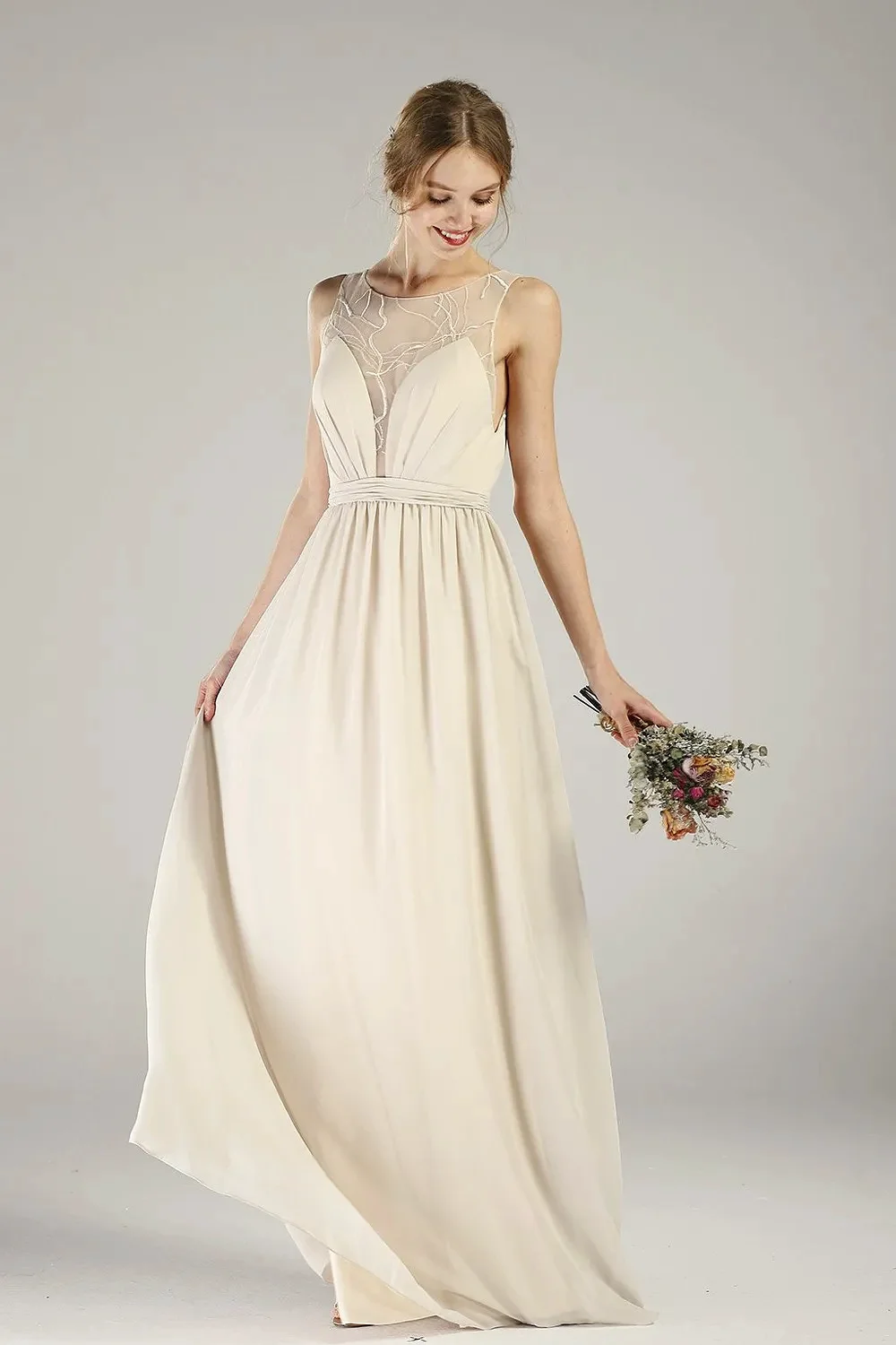 Elegant Beige Prom Dress A-line Wide Shoulder Straps Pleated Sleeveless Lace Hollow Backless Chiffon Guest Bridesmaid Gowns