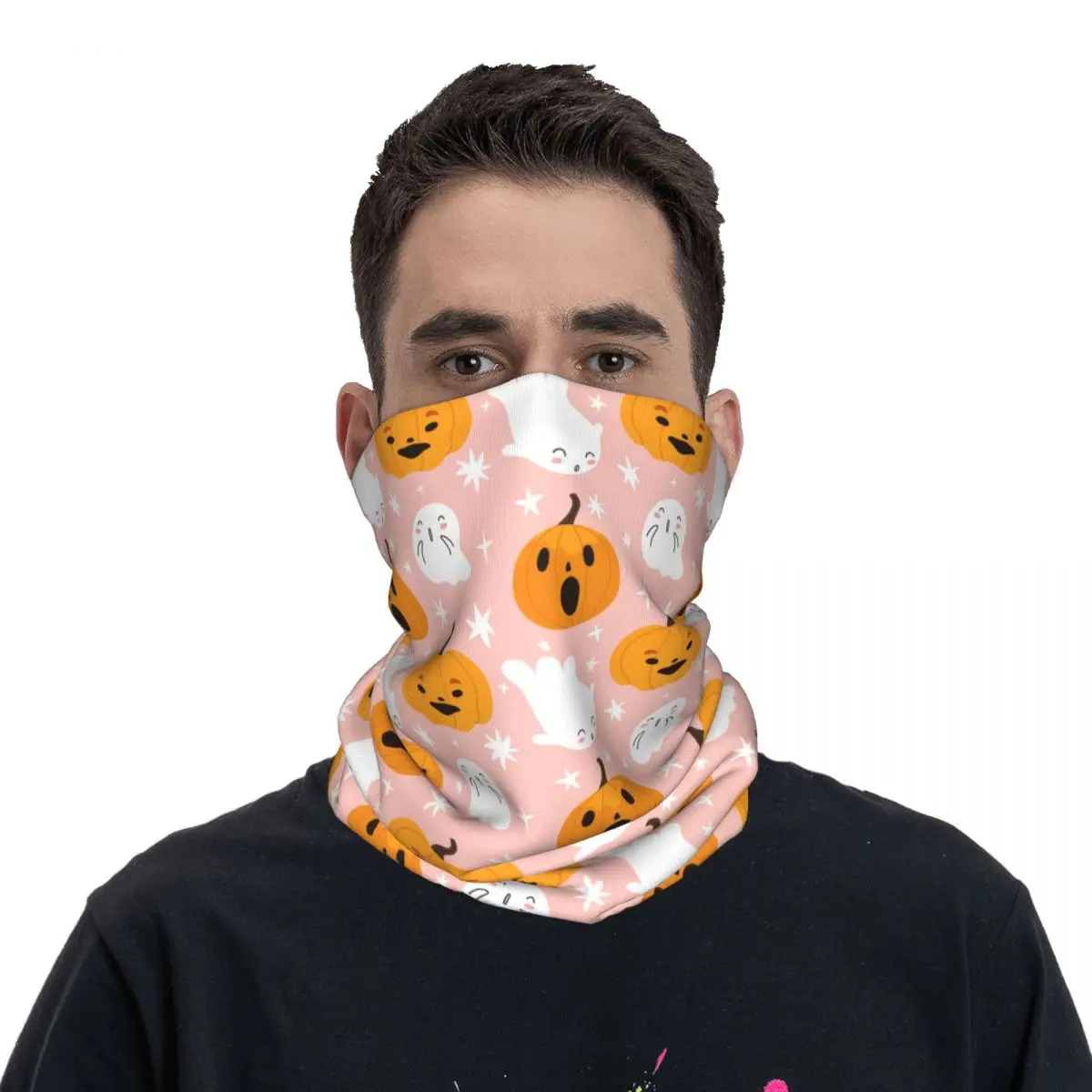 Cute Halloween Cartoon Ghost Pumpkins Bandana Neck Cover Printed Pink Gaiter Magic Scarf Outdoor Headwear Running Adult Washable