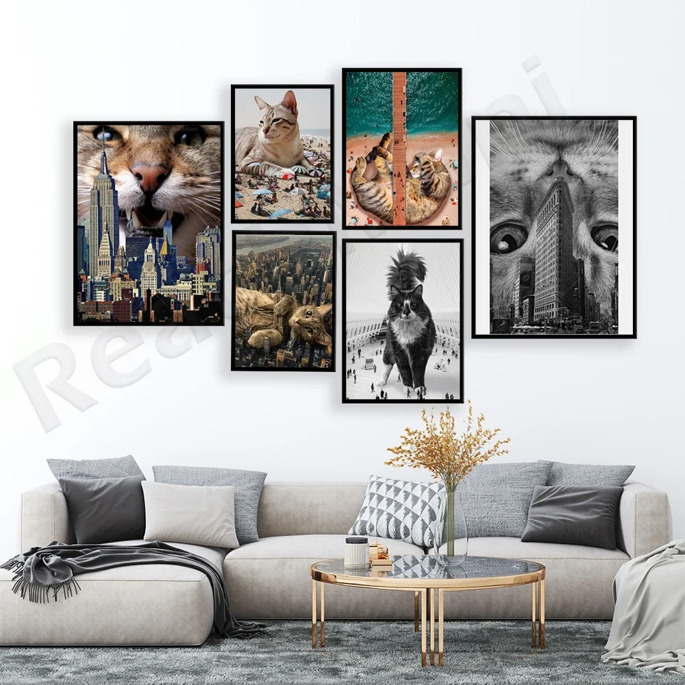 فلاتيرون بناء القط الأسود والأبيض، قطة نيويورك، فن القط النائم، المحيط الشاطئي، القط الأصفر تشيلسي، هدية القط، ملصق سريالي #3