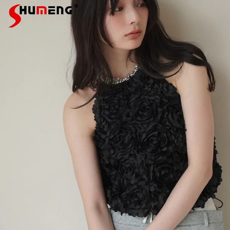 

Women's Japanese Style Heavy Industry 3D Flower Off-Shoulder Camisoles Sweet Y2k O-Neck Sleeveless Short Black Tank Top Slings