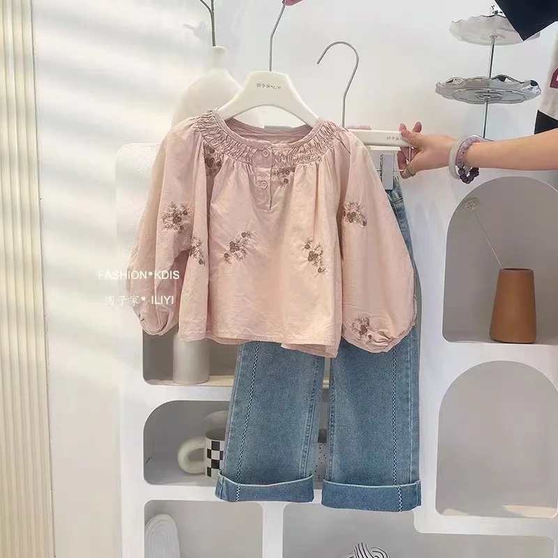 Autumn Toddler Girl 2PCS Clothes Set Cotton Floral Embroidery Buble Sleeve Undershirt Solid Elastic Waist Jeans Baby Girl Outfit