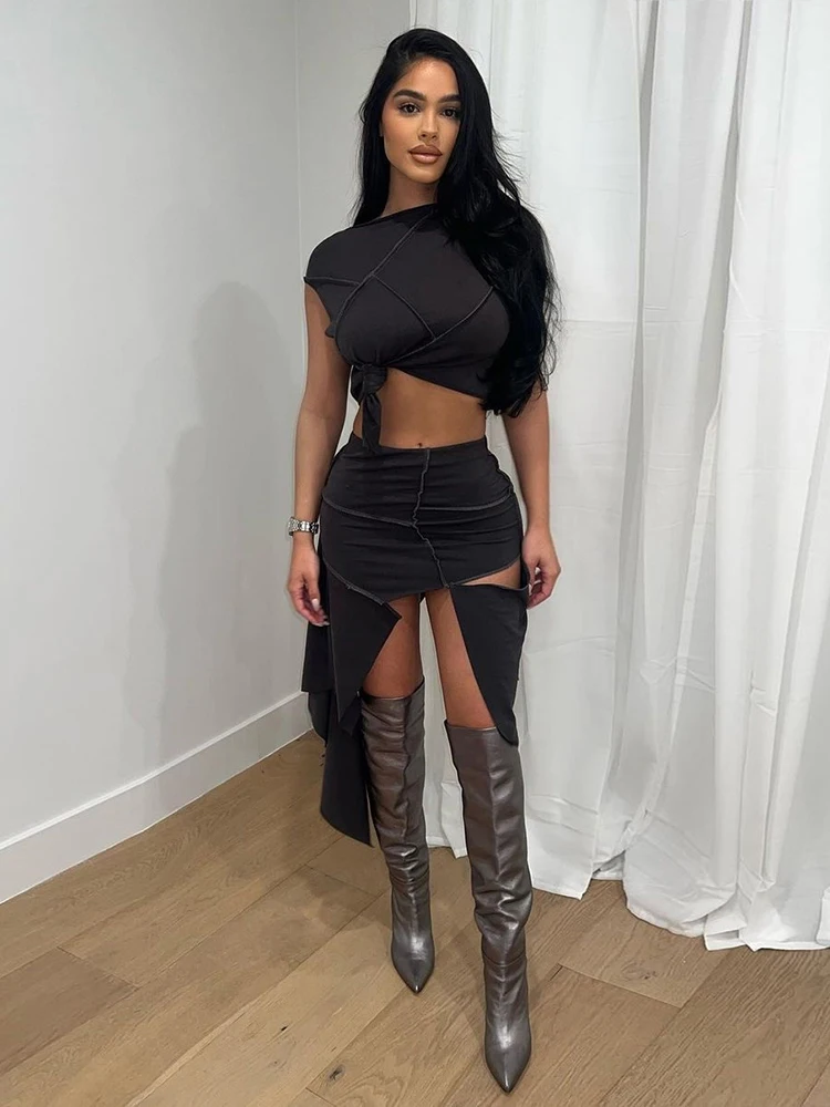 Two Piece Set Women Ripped Grunge Outfits Sexy Sleeveless Slim Crop Top+High Waist Cut Out Midi Skirts 2023 Spring Fall Y2K Suit