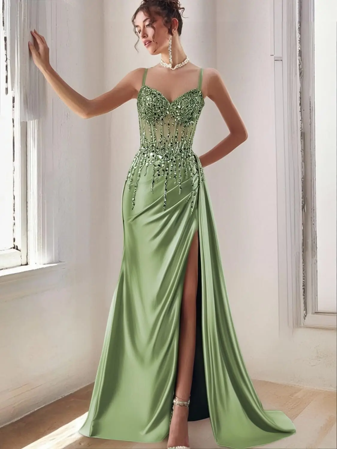 

Satin Prom Dress for Women Spaghetti Straps Formal Dresses Beaded Evening Gown with Slit