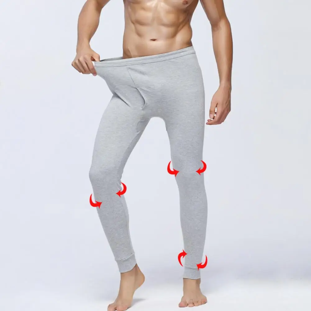 Men Pants Elastic Waist Thermal Insulation Long Johns Solid Color Travel Work School Bottoming Trousers Pajamas Trousers