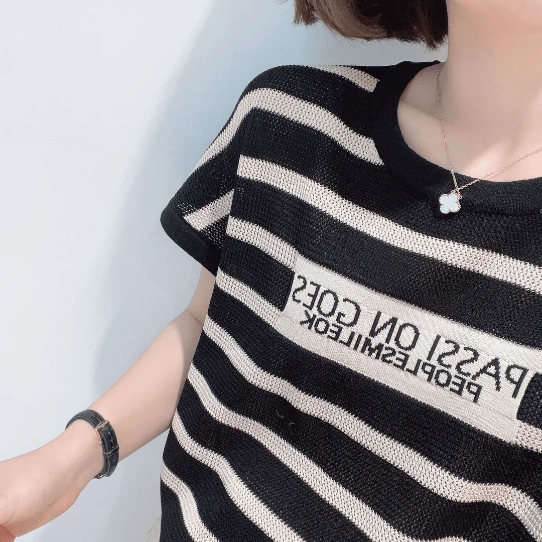 Pull en cachemire à manches courtes pour femmes, T-shirt rayé, vêtements pour femmes, 2024