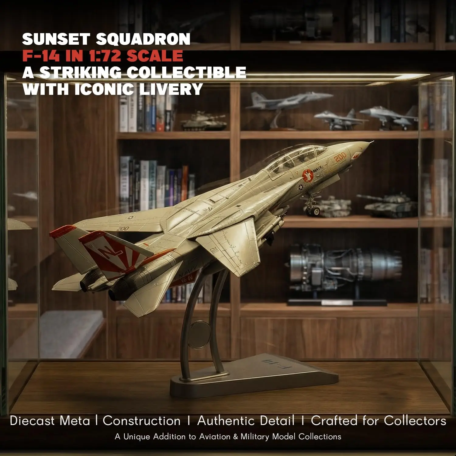 

1/72 F-14 Die-Cast Metal Pre-Built Fighter Jet Model with Detachable Missiles and Adjustable Tail Fins Military Enthusiasts Gift
