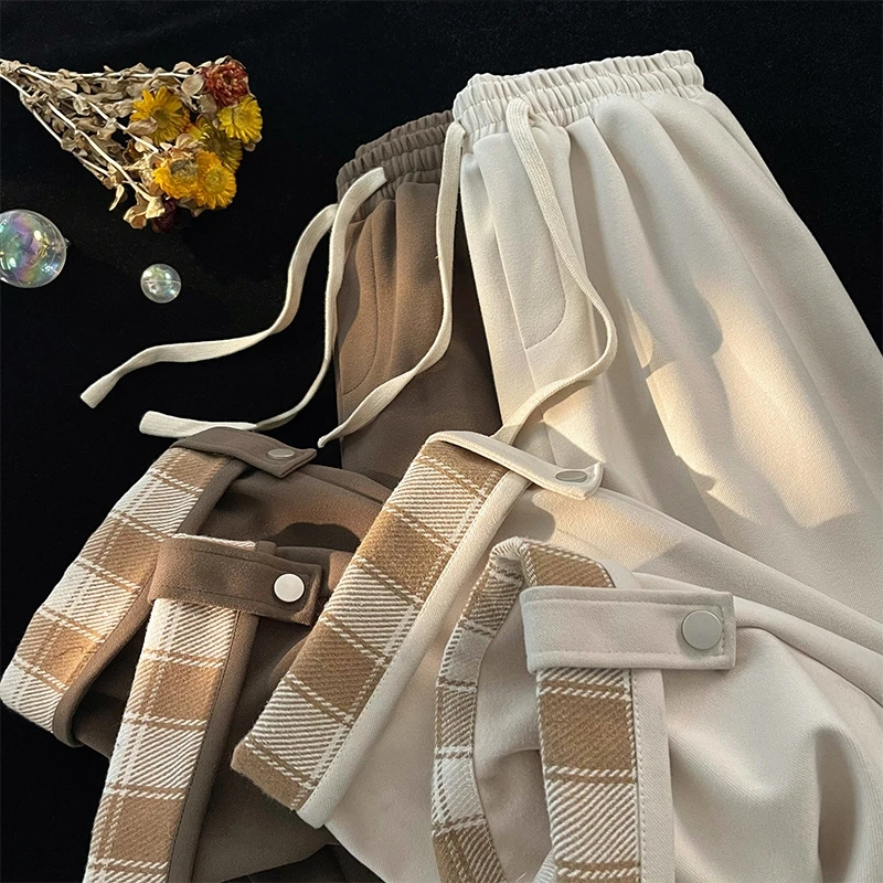 

Wide-leg pants for autumn and winter 2025, flared plaid, loose-fit, sporty straight-leg, fleece-lined, student casual long trous