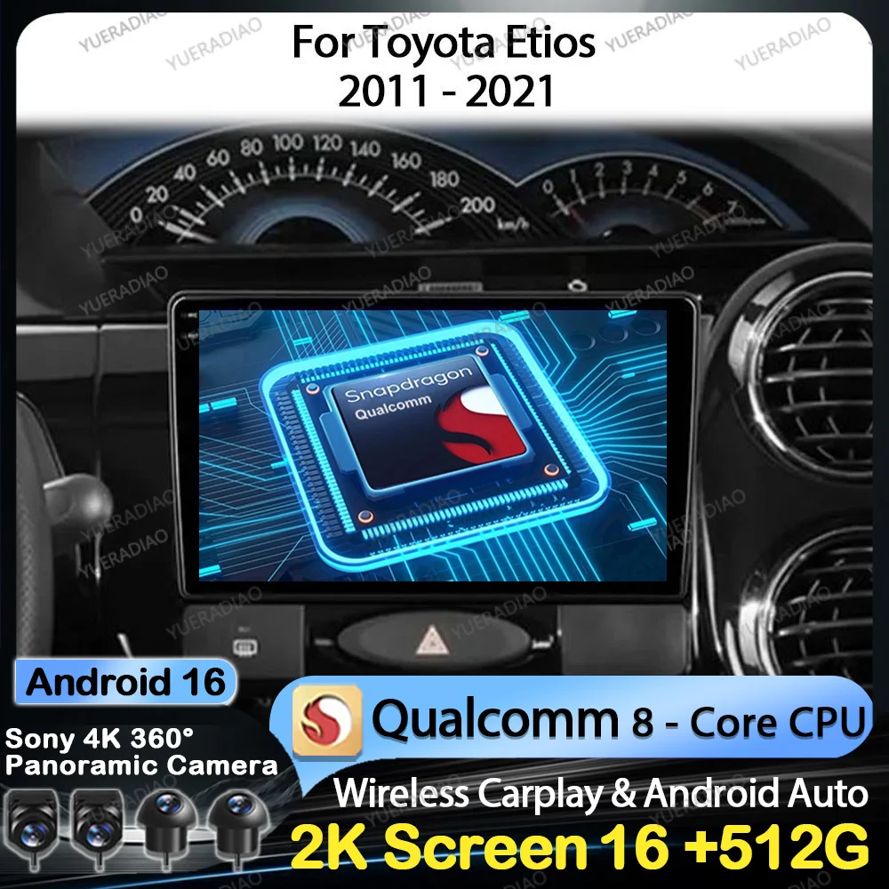 Radio para Auto Android 16 para Toyota Etios 2011-2021, Qualcomm GPS NAVI, 4G LTE, 5G WIFI, BT, Reproductor Multimedia Estéreo, Video, QLED, 2DIN