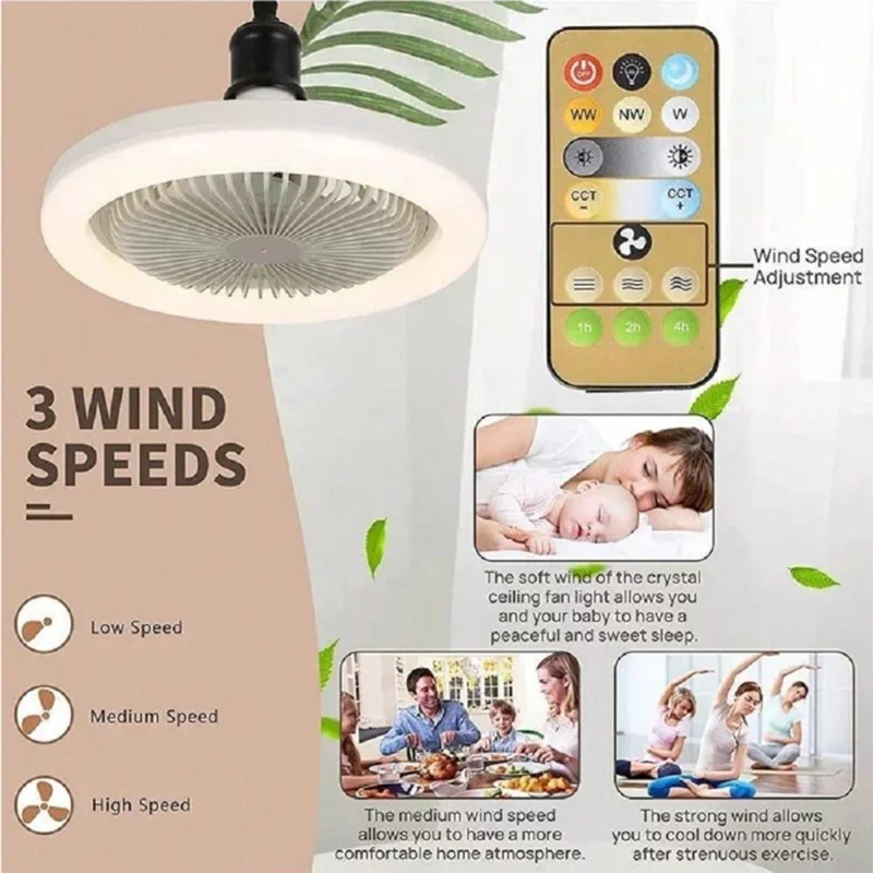 E27 LED Smart Fan Light Remote Control 3 Speed Whisper Quiet ABS Blades 36W Lighting 4W Fan Energy Saving Silent Air Supply