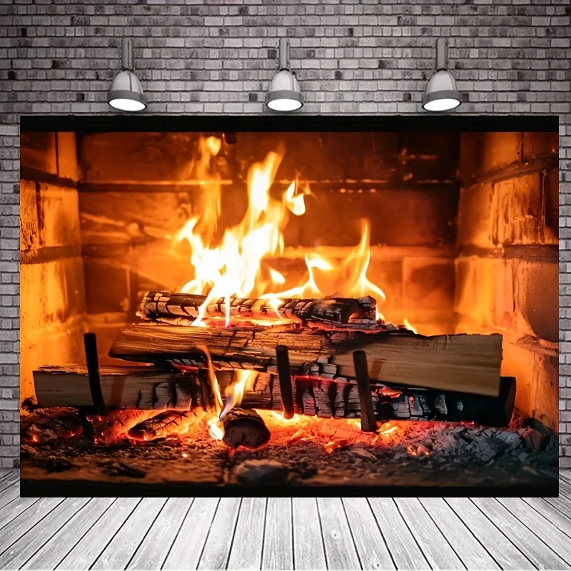 Burning Firewood Photography background - Vibrant winter Christmas fireplace burning forest scene