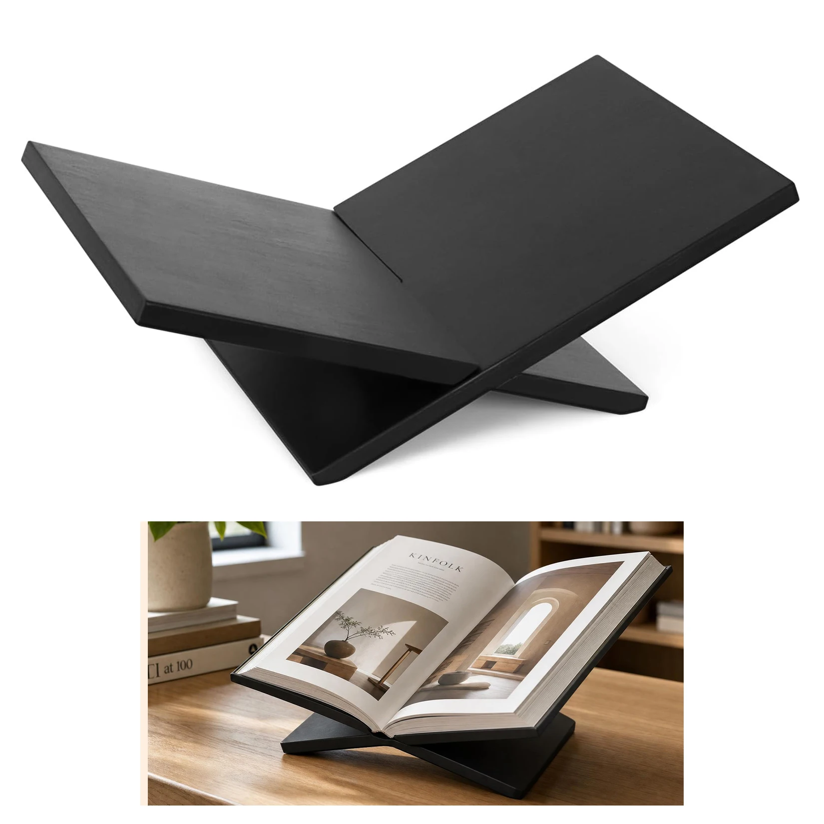 Adjustable Wood Book Stand, Collapsible Reading Holder with Matte Black Finish, Ergonomic Hands-Free Stand for Desk, Textbooks, Cookbooks, Tablets, Magazines, Portable