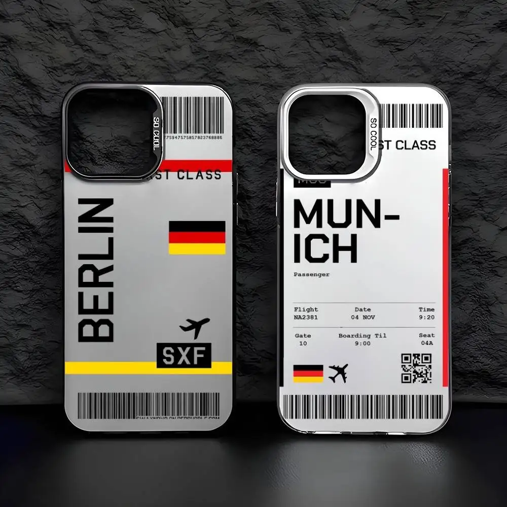 Germany Boarding Pass Ticket Phone Case For iPhone 16 15 14 13 12 11 Plus Pro Max multicolor Aurora laser Shockproof Funda Cover