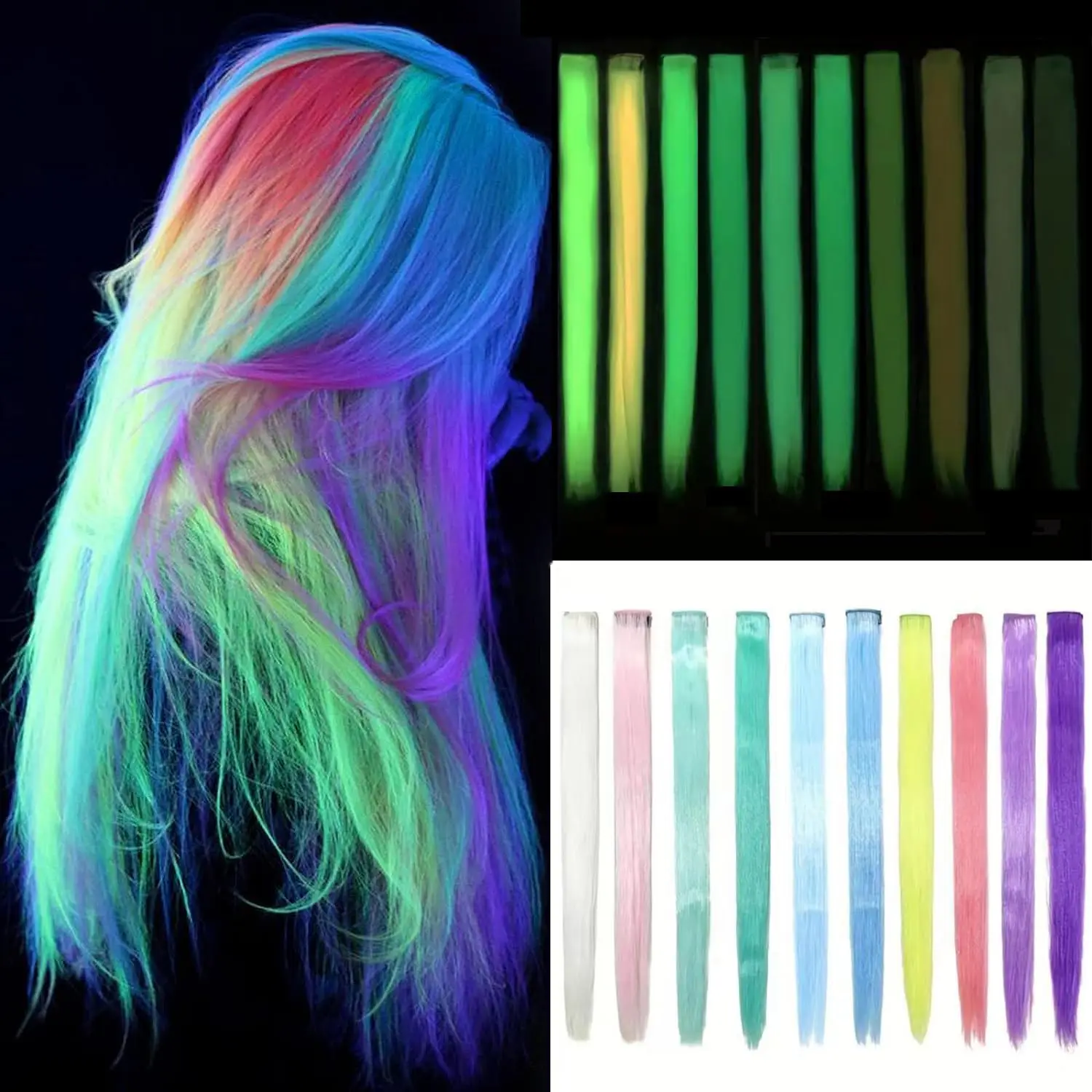 5pc 20 Inch Glow in the Dark Hair Extensions Clip Luminous Colored Hairpieces Party Rainbow Hair Clips Synthetic Straight Wig