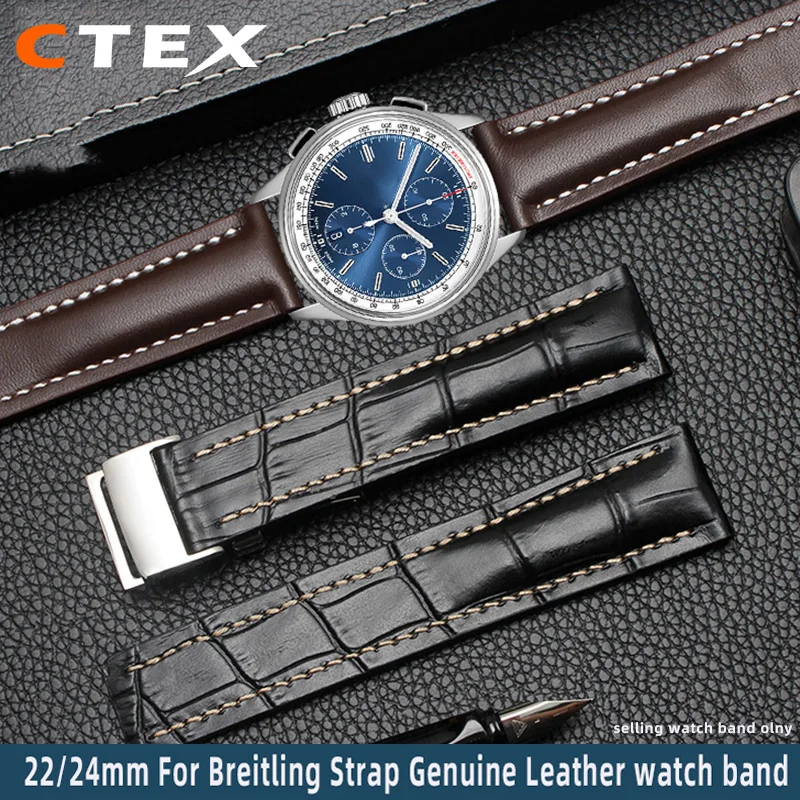 22mm 24mm Genuine Leather Watch Strap for Breitling Cowhide Bracelet Black Blue Brown Watch Band Silver Metal Buckle Replacement