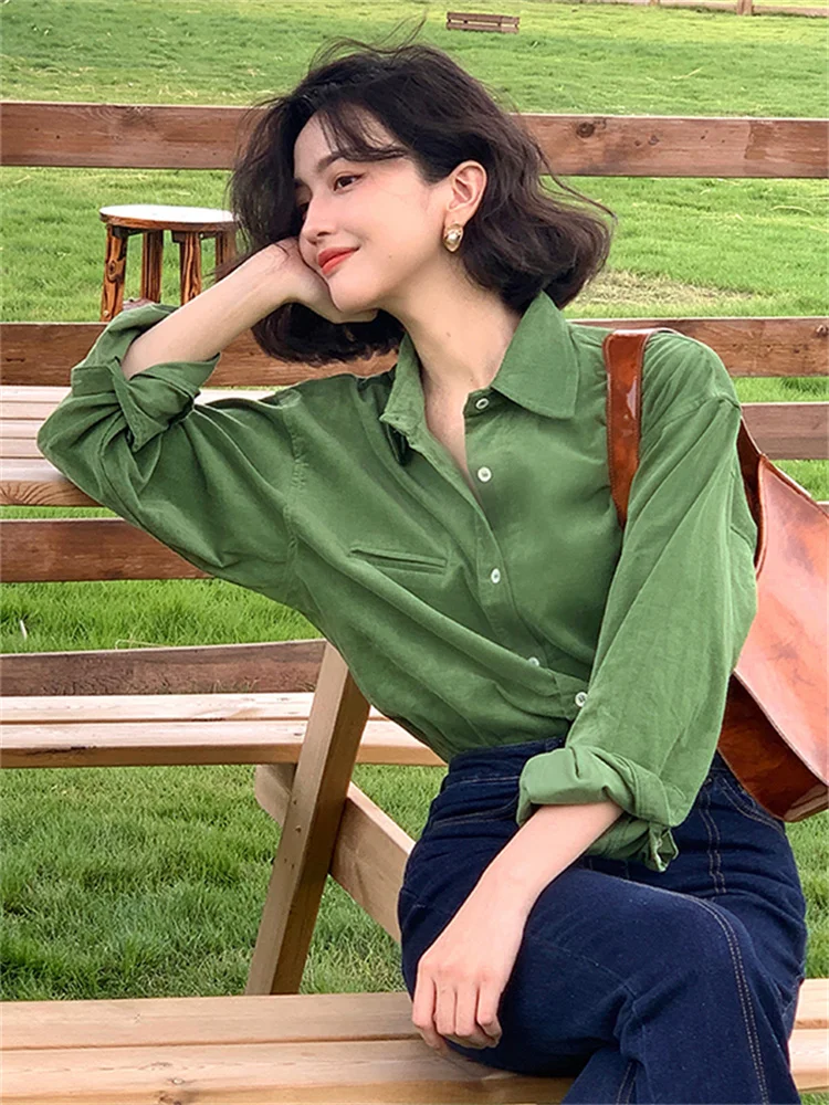 Women's Loose Fit Green Corduroy Shirt Fashionable Layering Top Korean Style Long Sleeve Collar Regular Length