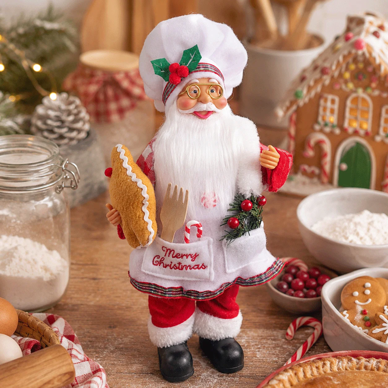 30cm Chef Santa Claus Figurine Christmas Decoration, Festive Santa Statue with Apron Hat and Gingerbread for Holiday Home Decor