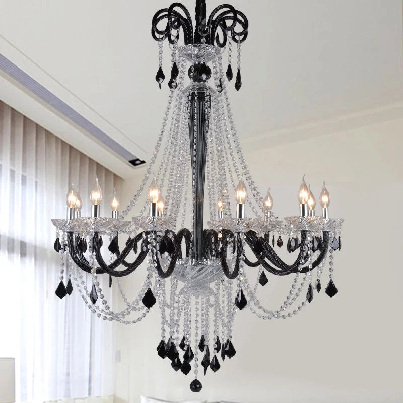 European  Crystal Pendent Lamp Black Candle Lamp Living Room Restaurant Villa Staircase Duplex Building Chandelier