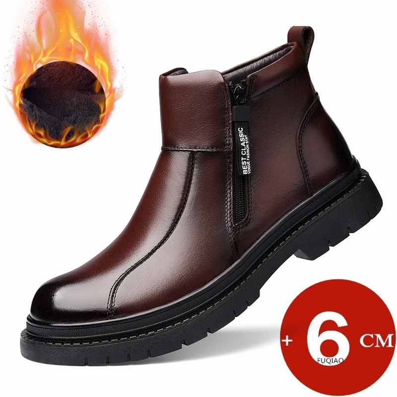 Men Cow Leather Height Increase Boots 6CM Side Zipper High Top Winter Elevator Shoes Warm Wool Fleece Lined Ankle Boots for Men