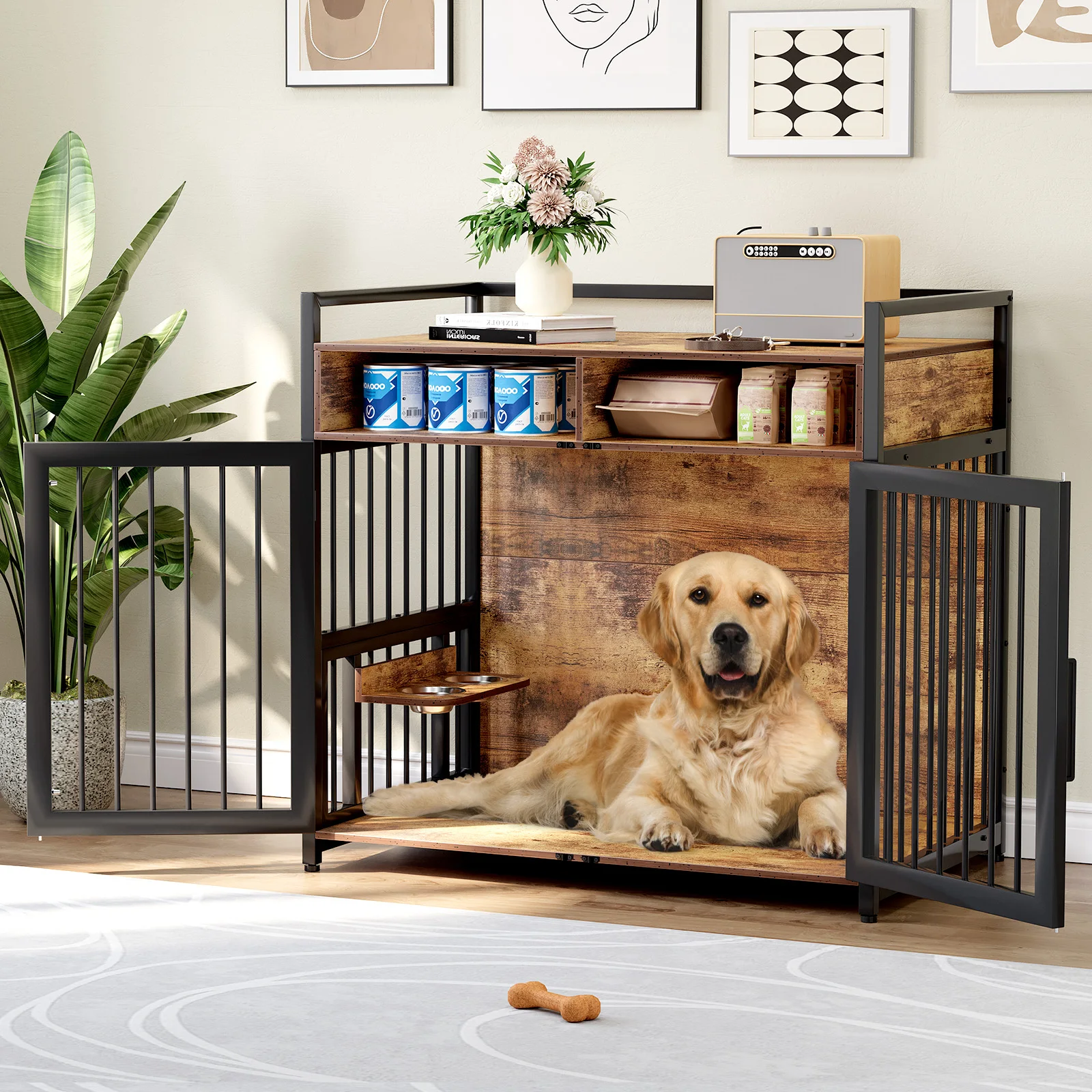 41/48 Inch Wooden Dog Crate Furniture with Storage Drawers, Adjustable Raised Feeder, Indoor Pet House for Large & Medium Dogs