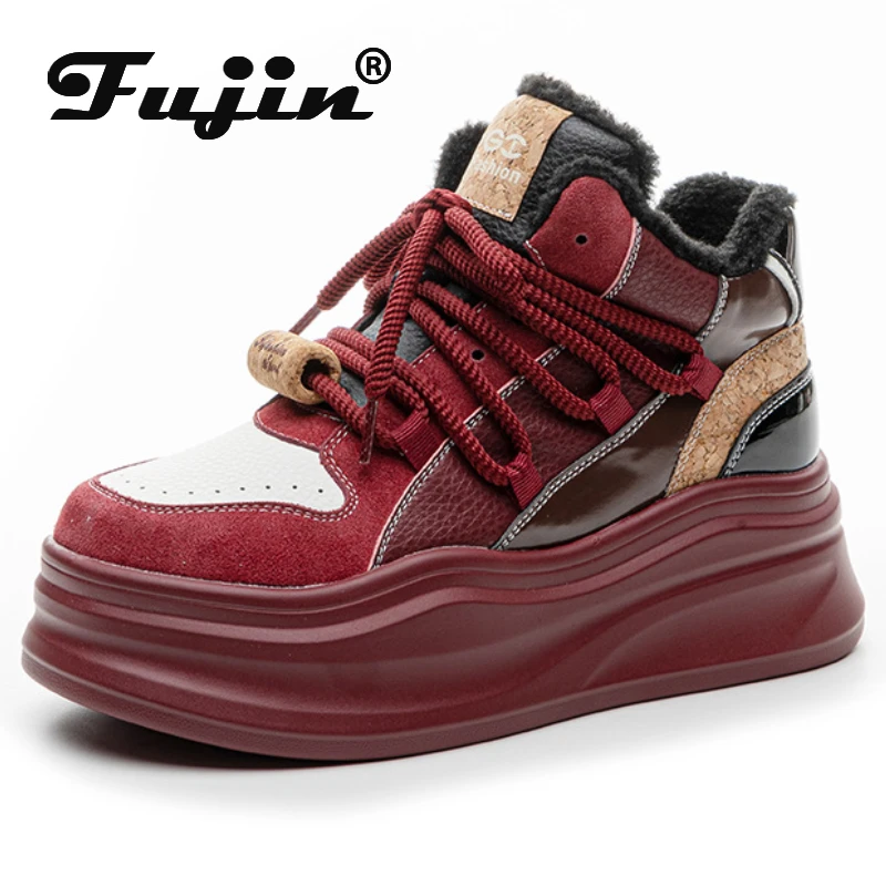 Fujin 7cm Cow Genuine Leather Women Winter Platform Wedge Sneakers Chunky Heels Women Fashion Spring Autumn Plush Comfy Shoes