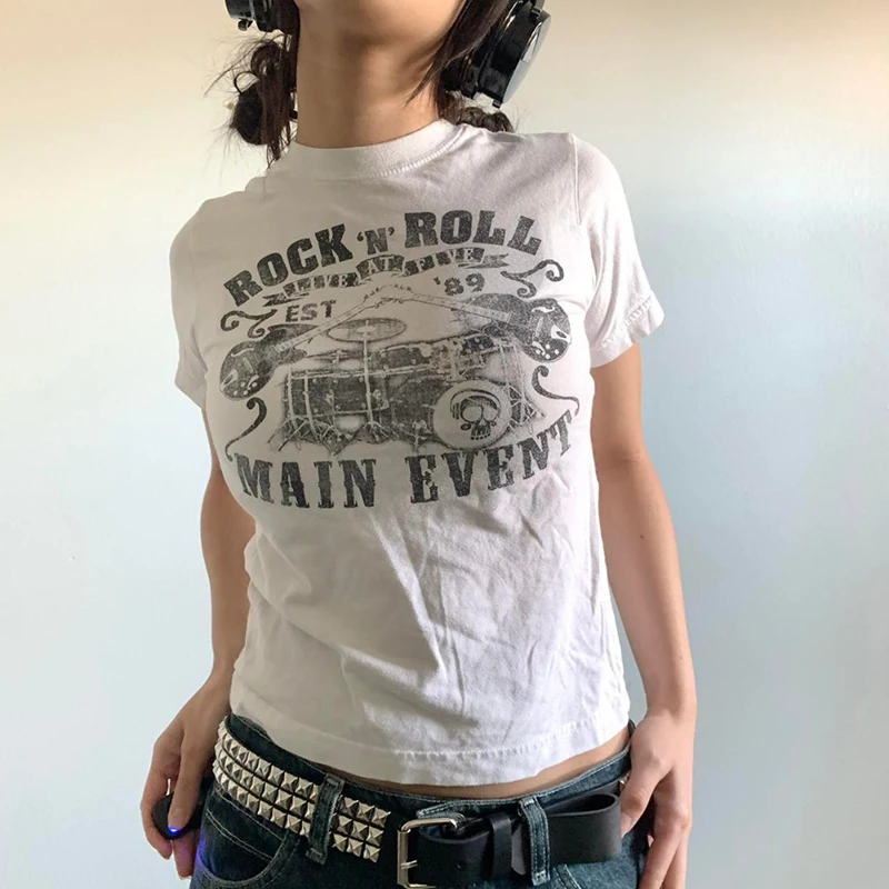 女性用半袖Tシャツ,ゴシックパンクTシャツ,スリムクロップトップ,ヴィンテージグランジTシャツ,ロックロールアップ,カジュアル,夏,y2k