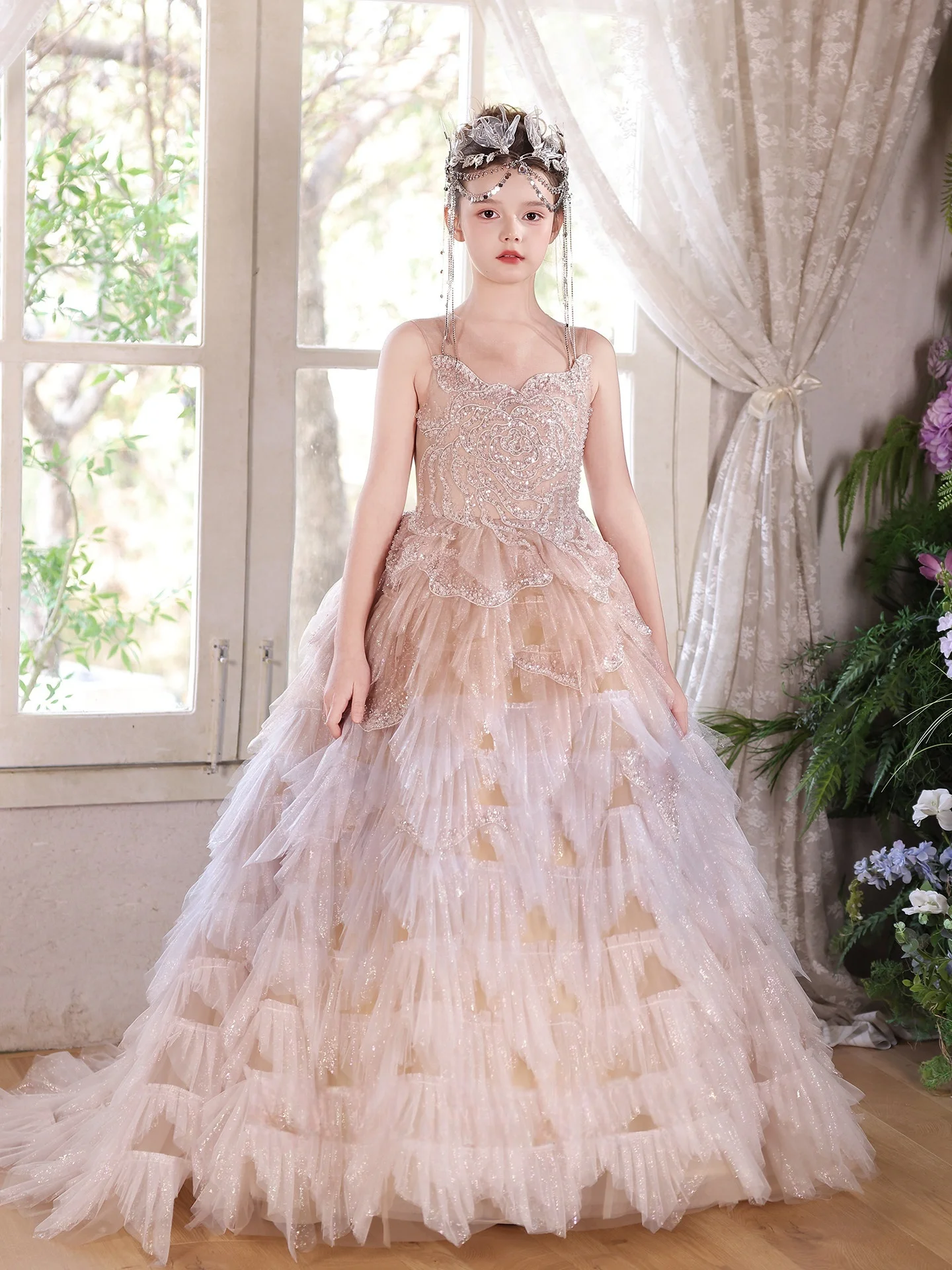 

Custom JDY High Spaghetti Strap Sequin Tiered Tulle Train Flower Girl Dress Wedding Gown Birthday Party Pageant Dress فساتين اطف