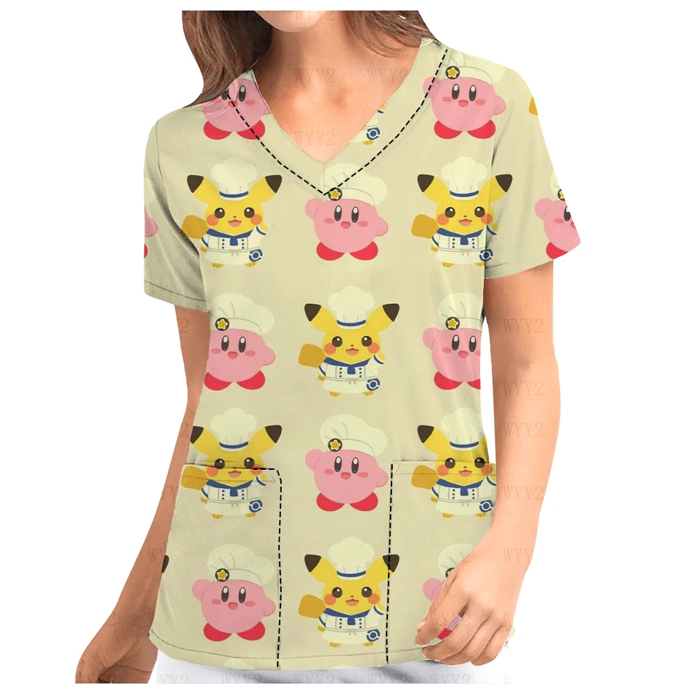 Women's short-sleeved V-Neck Print Scrub Top Spring and Summer Pikachu Printed Work Clothes Beauty Salon Dentistry