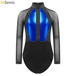 Kids Girls Shiny Rhinestones Gymnastics Leotard Biketards Jumpsuit Mesh Patchwork Figure Skating Ballet Jersey Dance Costume