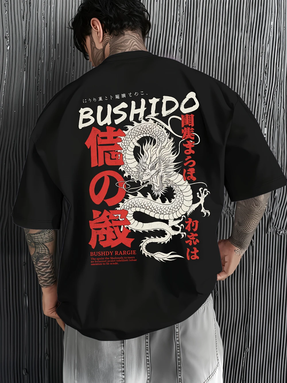 Men's Japanese Bushido Code T-Shirt Samurai Dragon Print Kanji Lettering Bushido Text Loose-Fit Casual Summer Top for Anime Fans