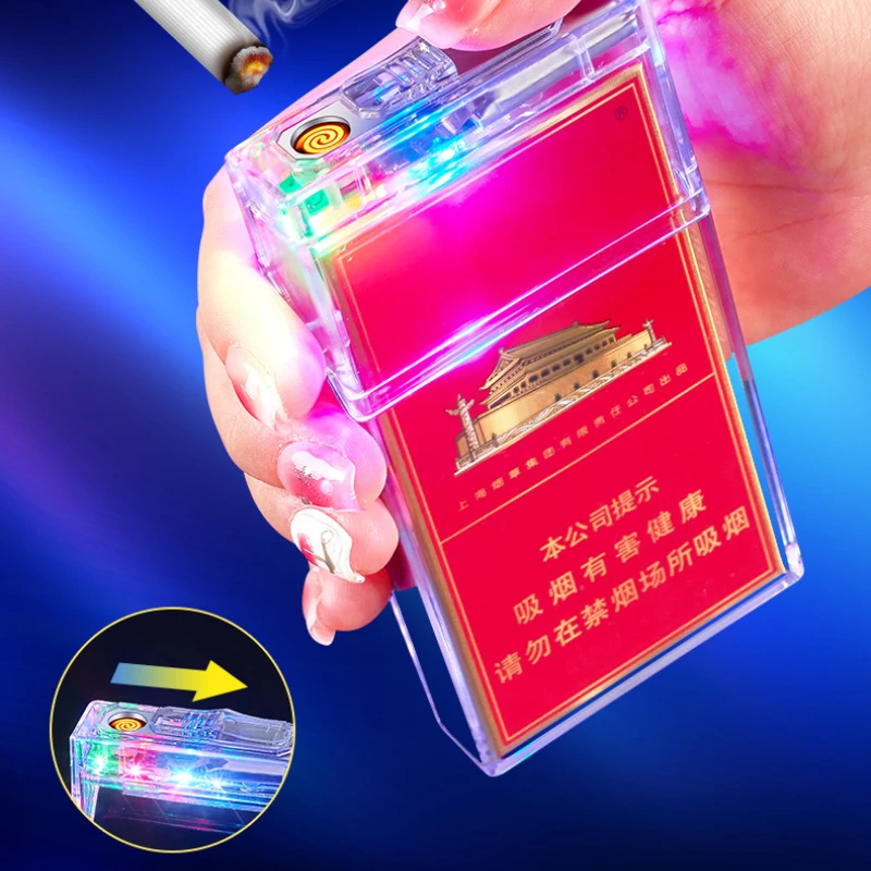 Slim Transparent LED Lantern Cigarette Case Lighter Integrated Charging Cigarette Lighter 20 Pieces Full Pack Cigarette Case