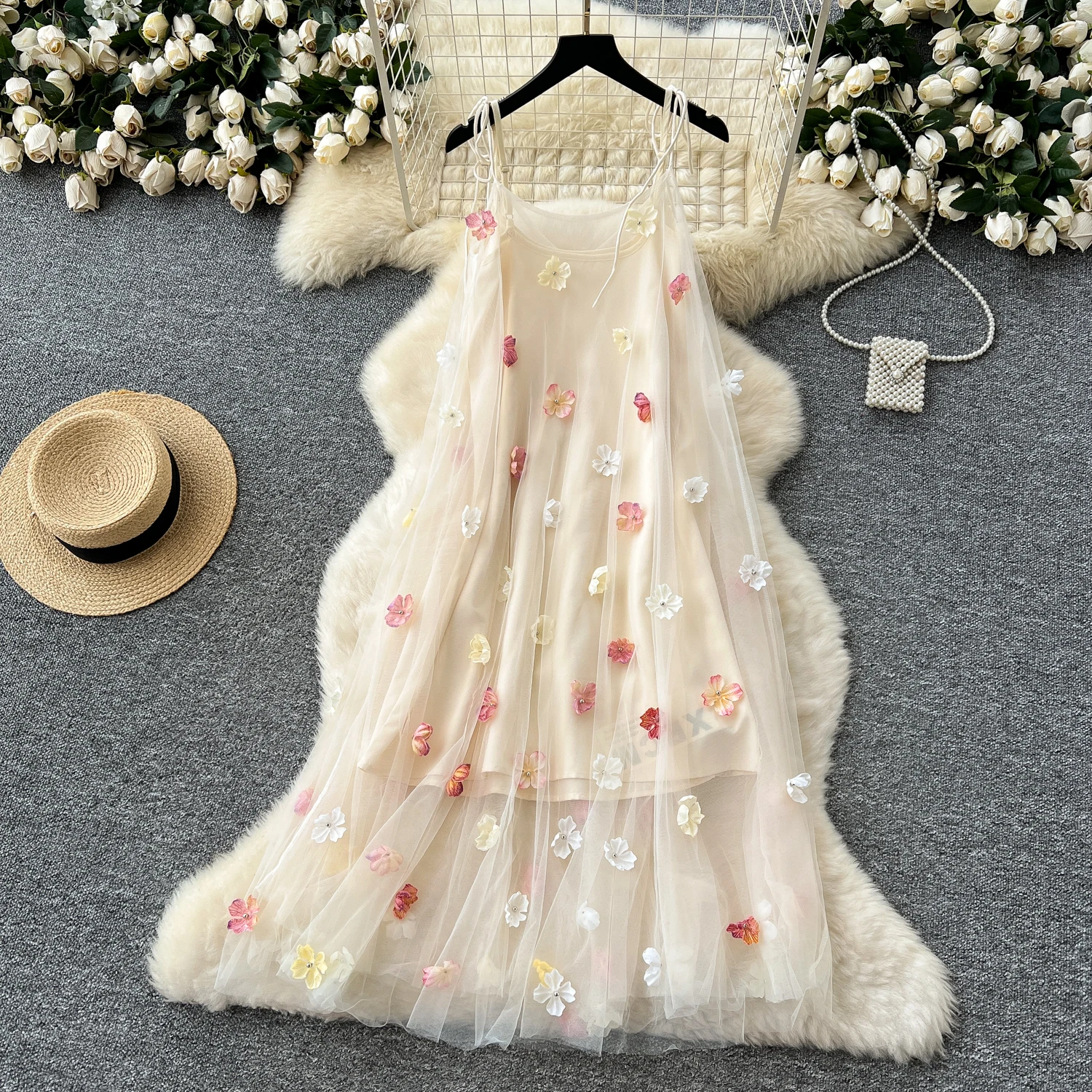 Robe trapèze en maille florale, Chic, tridimensionnelle, à volants doux, Vintage, élégante, taille haute, mode coréenne