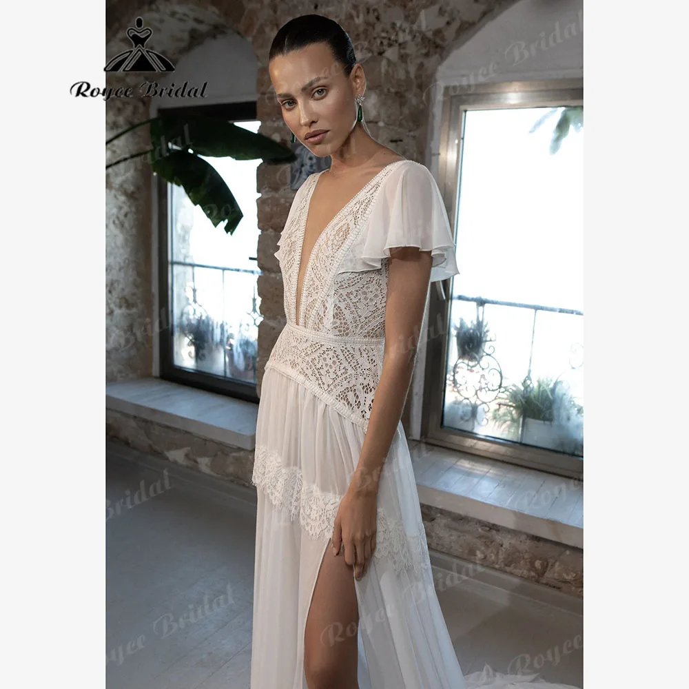 Plunging V Neck Chiffon Lace Boho Bohemian Women Wedding Dress with Short Sleeve 2025 Backless Bridal Gown robe bohem Customized