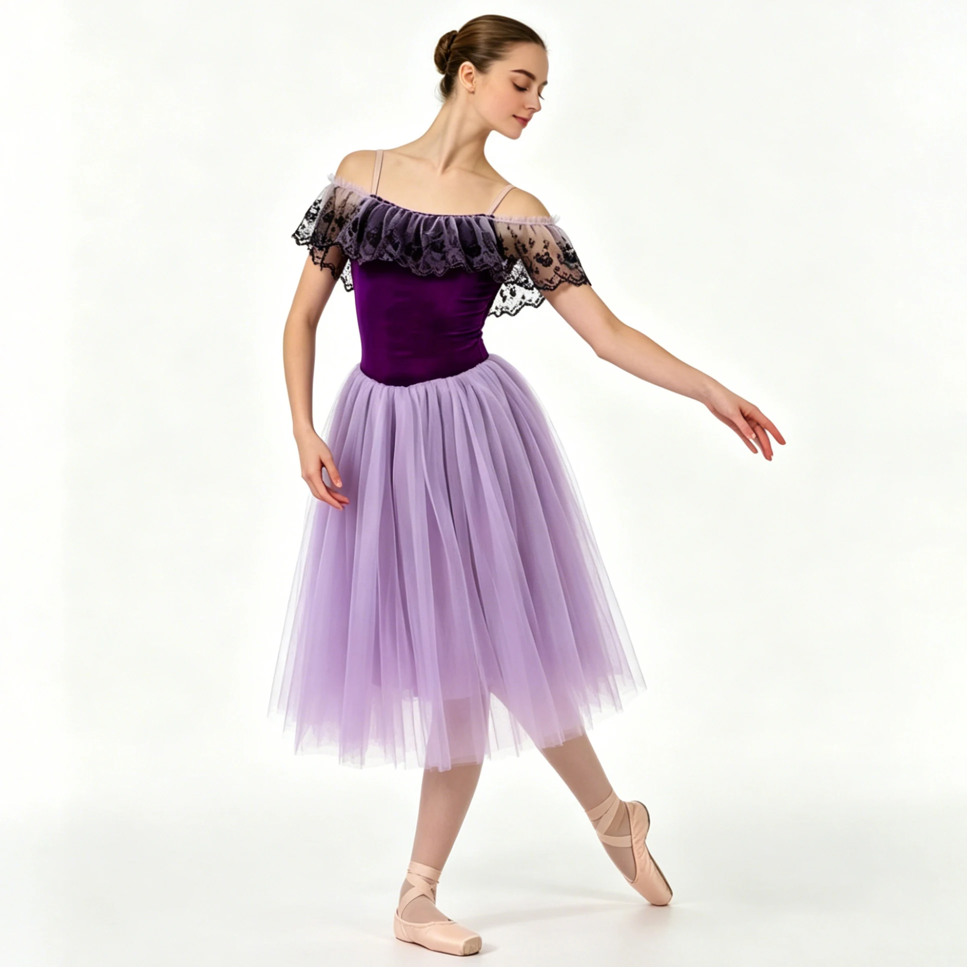 Mädchen Ballett-Tutu-Kleid Schulterfreies Schwarzes Spitzen-Rüschen-Tanzkostüm Ärmelloses Trägerkleid Langer Tüll-Bühnenrock