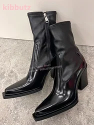 Chelsea Ankle Boots Soft Luxury Leather Solid Color Black Pointed Toe Square Heel Side Zipper Fashion Sexy Elegant Women Shoes